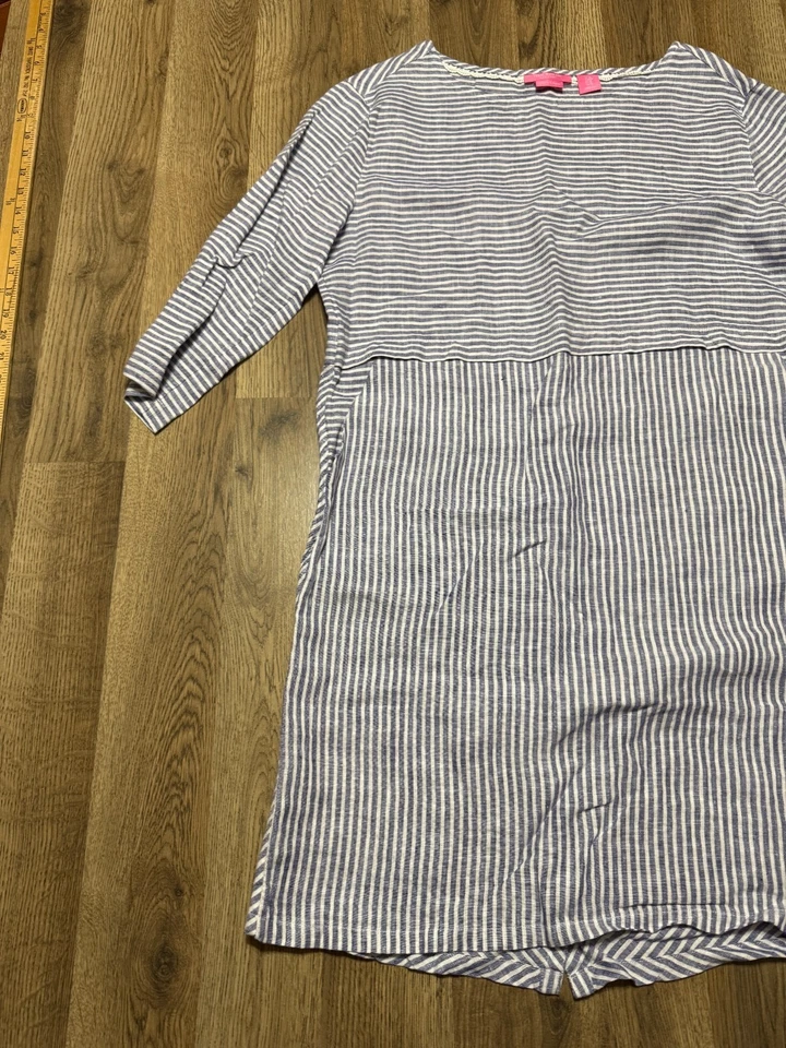 Vestido Isaac Mizarahi, para mujer talla mediana, azul blanco, vestido a rayas manga larga Foto 3 de 4