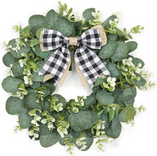 12" Artificial Eucalyptus Wreath with Plaid Bow  Spring Summer Green Leaf Wreat
