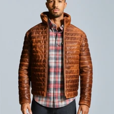 Mens Down Puffer Jacket Real Lambskin Leather Quilted Bubble Puffy Coat