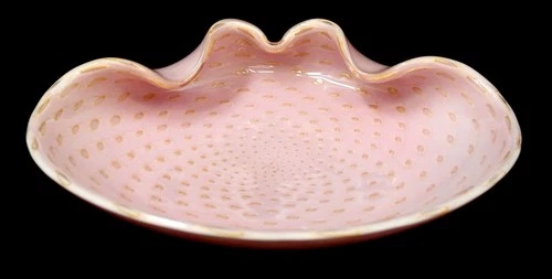 MCM Alfredo Barbini Murano Italy Pink Gold Bullicante Shell Art Glass Bowl