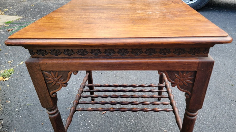 Vintage Victorian French Country Oak Side Table 24x24" Top. Spindle Shelf Signed - Image 3 of 4