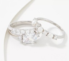 Diamonique Sterling Silver Set of 3 Simulated Pearl and DMQ Stack Rings Size 8