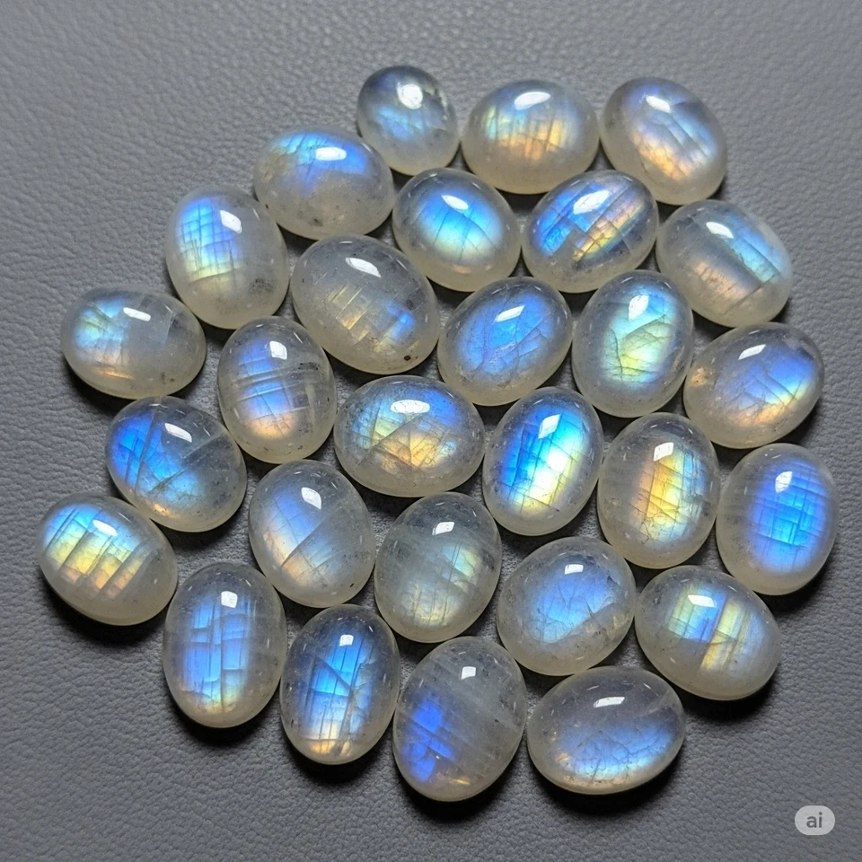 Natural Rainbow Moonstone Oval Cabochon Loose Gemstone Lot 6X8MM - Image 3 of 4