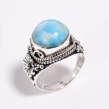 Natural Larimar Gemstone Ring 925 Sterling Silver Handmade Design Boho Rings