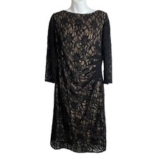Eliza J Black Lace Nude Lining Sheath Cocktail 3/4 Sleeve Boat Neck Dress Sz 12