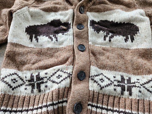 Lands' End Kids Buffalo Bison Knit Wool L 7 Fisherman Sweater Cardigan Brown - Picture 2 of 8