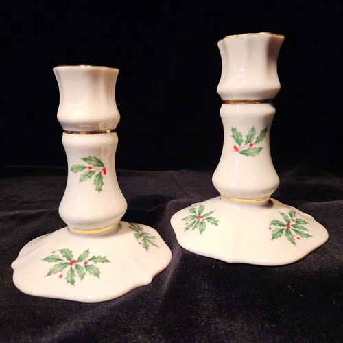 LENOX HOLIDAY Holly Berry Candlesticks Holders Porcelain Retired USA 4.75" - 2