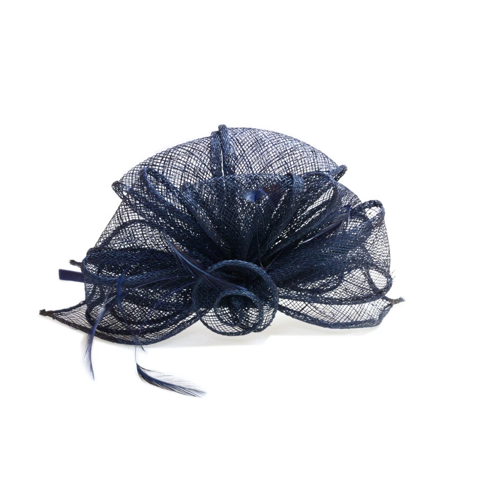 Navy Blue Fascinator Alice Hair Band with Stiffened Net Loops and Feather Ten... - Image 2 of 4