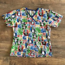 Penguin Christmas Scrubs Women Small Top- Red Blue Green Holiday- Cute Shirt