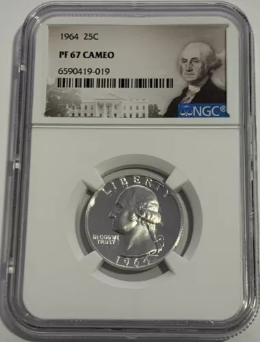 1964 NGC PF67 CAMEO 90% SILVER PROOF WASHINGTON QUARTER 25c PORTRAIT LABEL