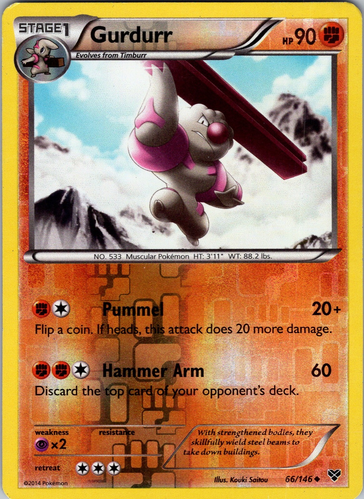 Pokemon TCG Gurdurr XXY Base Set 66/146 Reverse Holo Uncommon Card Played LP
