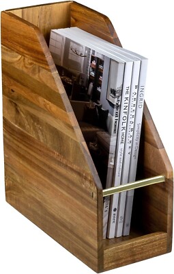 Brown Wood Magazine File Holder Bin, Office Desk Document Folder Organizer Rack
