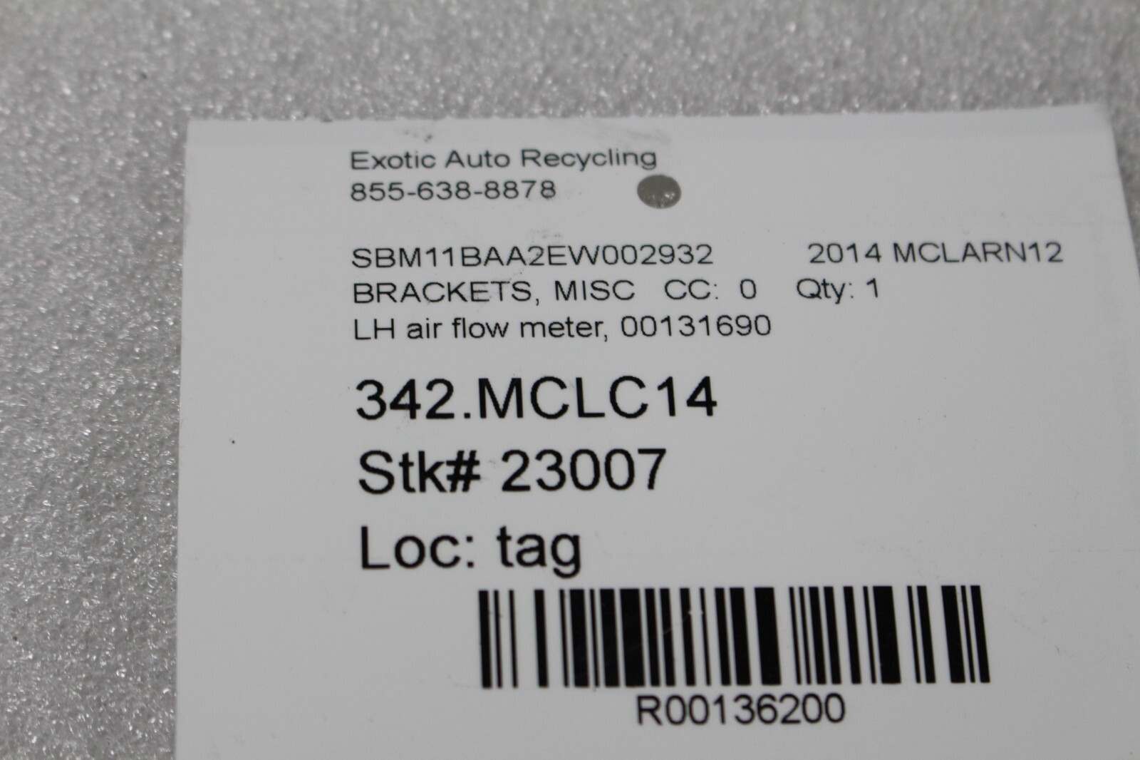 Mclaren MP4-12C, LH, Left, Air Flow Meter Bracket, Used, P/N 00131690