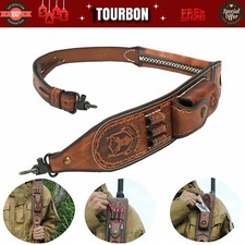 TOURBON Leather Rifle Sling Gun Ammo Strap w/Knife Sheath Pocket+Swivel Stud Set