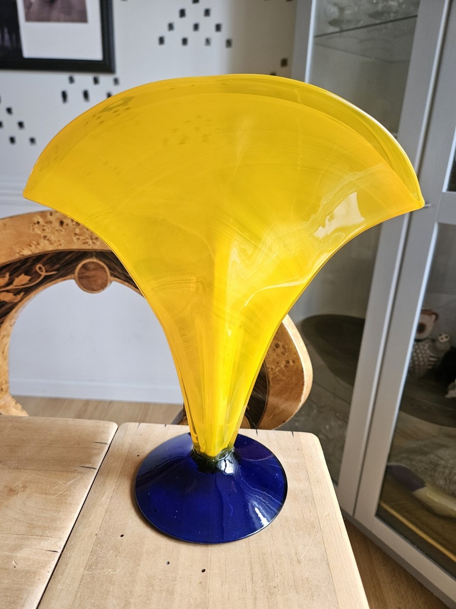 Vintage Blenko Yellow and Blue Fan Art Glass Vase Signed Richard