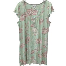 Vintage Miss Elaine Green Pink Floral Short Sleeve Nightgown Size L Midi Cottage