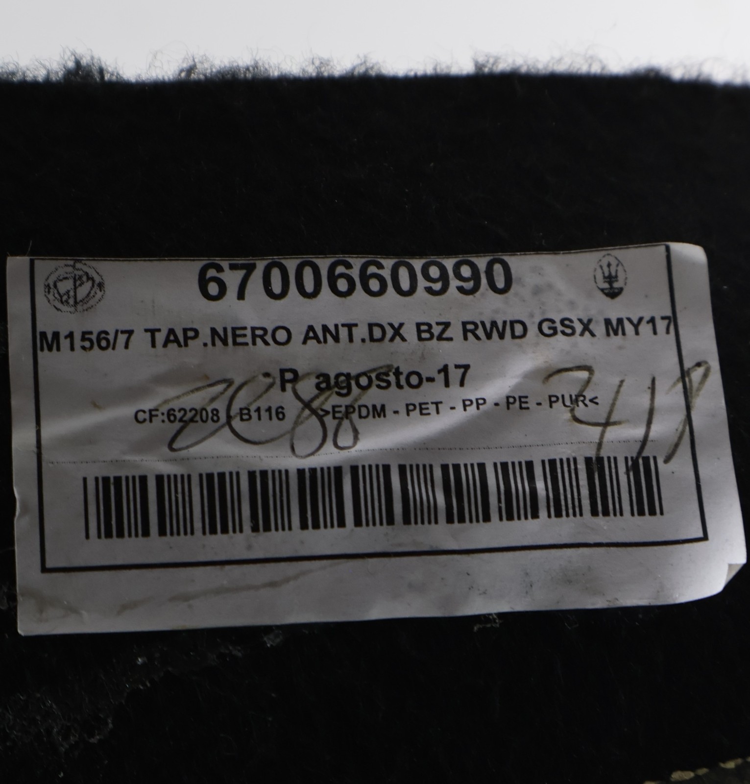 2017 - 2020 MASERATI GHIBLI FRONT RIGHT SIDE FLOOR CARPET MAT LINER COVER OEM