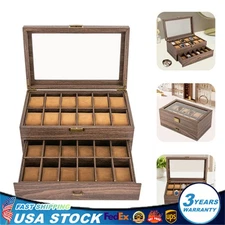 24 Slots Watch Box Watch Case Mens Jewelry Holder Watch Display Case w/ Drawer