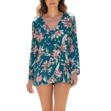 La Blanca Women's Swim Cover Up Tunic XXS Blue Flyaway Orchid Floral Long Sleeve