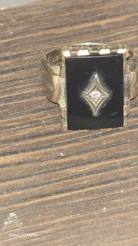 10K 黄金女士男式黑色玛瑙和钻石戒指 7.65 克 — 第 3/4 张图片