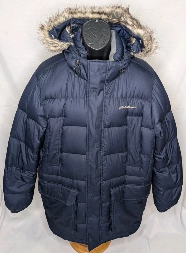 EDDIE BAUER CLASSIC DOWN PARKA WINTER PUFFER JACKET COAT FUR HOODED MENS XL NAVY - Image 3 of 4