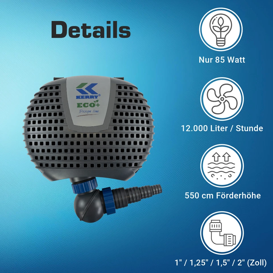 ECO Teichpumpe 12000L/H, nur 85 Watt Wasserpumpe Brunnen, Gartenteichpumpe - Bild 2 von 4