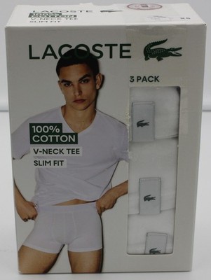 Lacoste White T-Shirts Mens XS 3 Pack V-Neck Slim Fit 100% Cotton Logo NWT $43