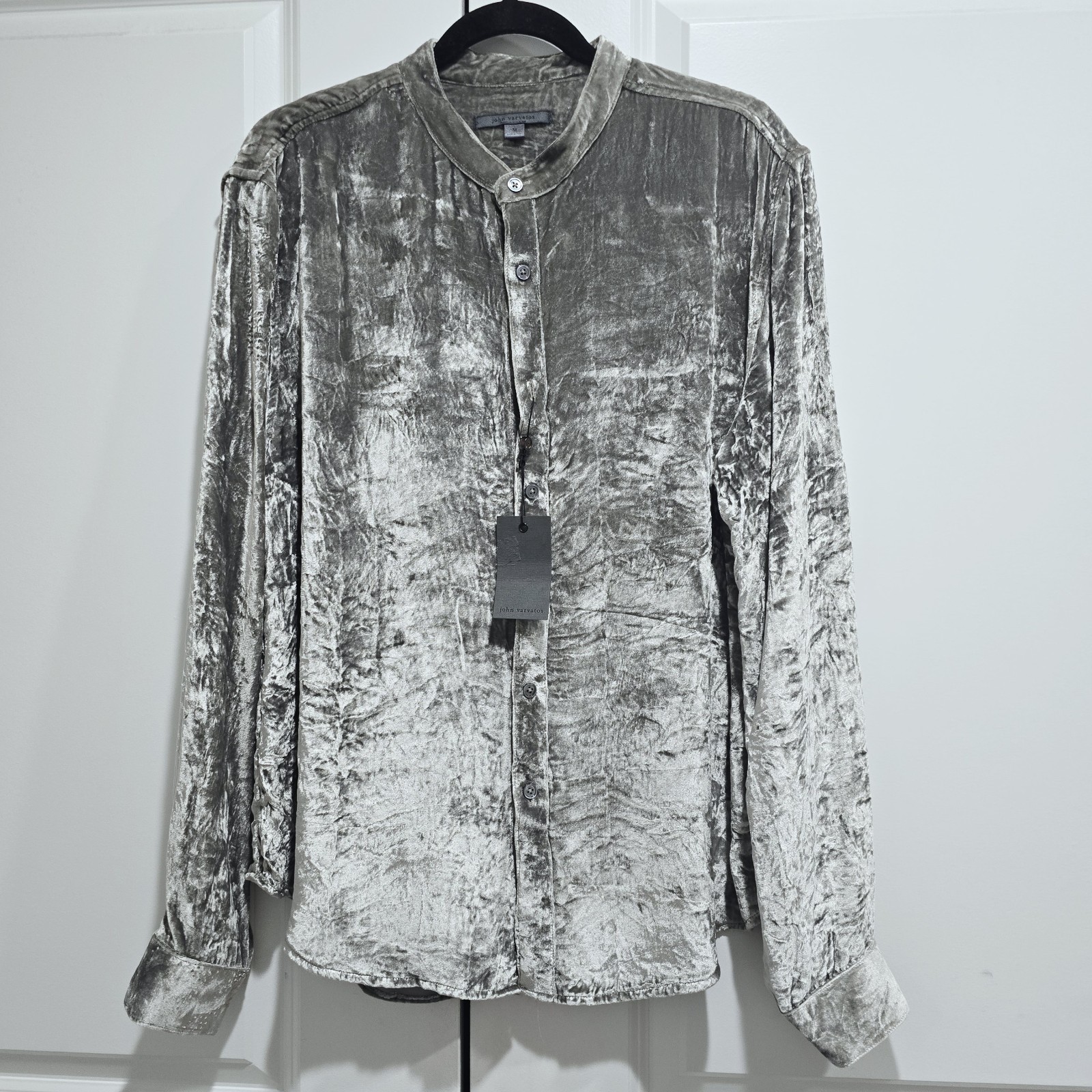 New John Varvatos - M Vigo Velvet Crinkled Shirt Smoked Pearl Gray MSRP $528 image 5