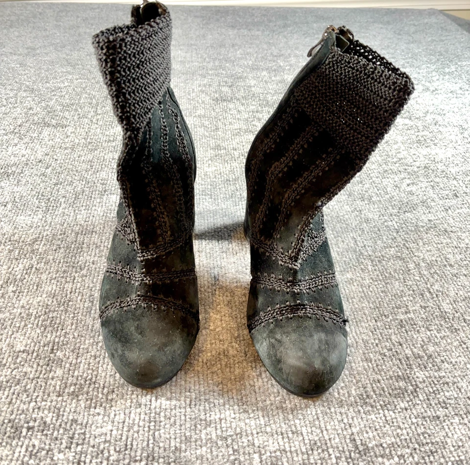 Silent D Negro Gamuza Cuero Tejido Botines 37 Tacón Tacón Bloque Cremallera Foto 2 de 4