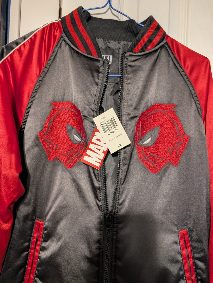 Marvel Deadpool Men's Varsity Style Jacket - Red Black Satin
