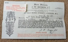 1965 J W Benson 9ct Swiss Lever Watch Warranty Guarantee Paper VGC