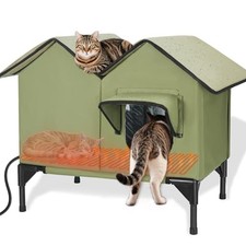 Large Heated Cat House for Outside in Winter, Elevated L-Heated Green