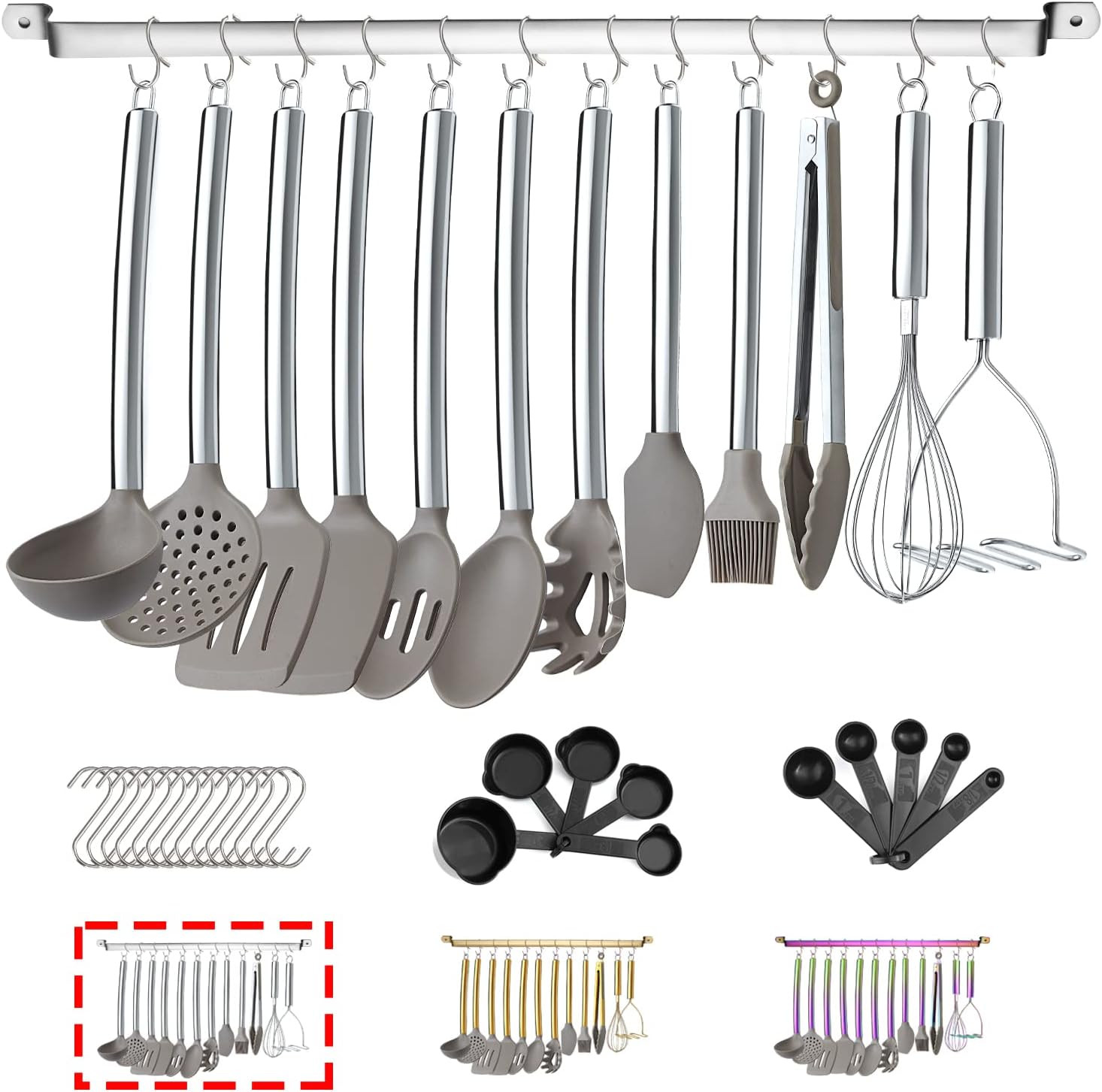 Set Accessori Cucina 38 Pezzi Silicone Grigio Antracite - Design Inox
