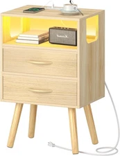 Yoobure LED Night Stand with Charger Station, Mid Century Modern Natural 