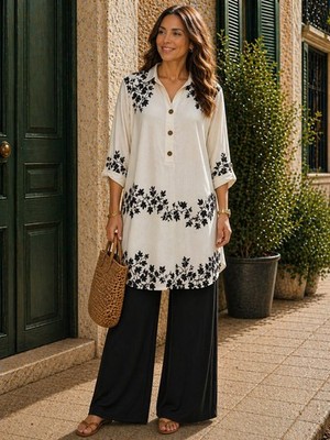 Ensemble Tunique Longue à Imprimé Fleur et Pantalon Large pour un Style Élégant 