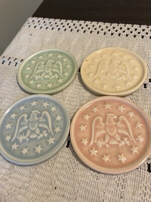 Set Of Four Ceramic Coasters Pastel   Eagle And Stars . Pink Blue Green Yellow