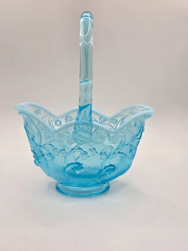 Fenton Aqua Blue Opalescent Lily of the Valley 8" Basket Vase Glass - Vintage