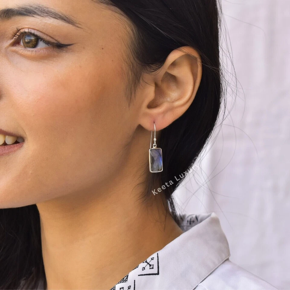 Natural Blue Labradorite Healing Crystal 925 Sterling Silver Handmade Earrings - Image 4 of 4