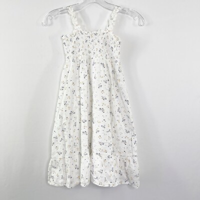My Little Cozmo Girls White Floral Dress Size 4 Organic Cotton Smocked Summer