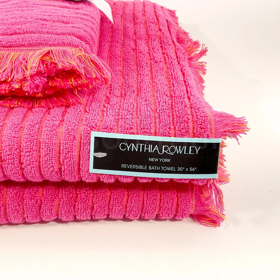 Cynthia Rowley Reversible Set of 4 Towels 2 Bath 2 Tip 100% Cotton  Pink Orange - Image 3 of 4