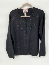 Black Embellished Tiara International Sweater Cardigan L Ramie  Cotton Womens