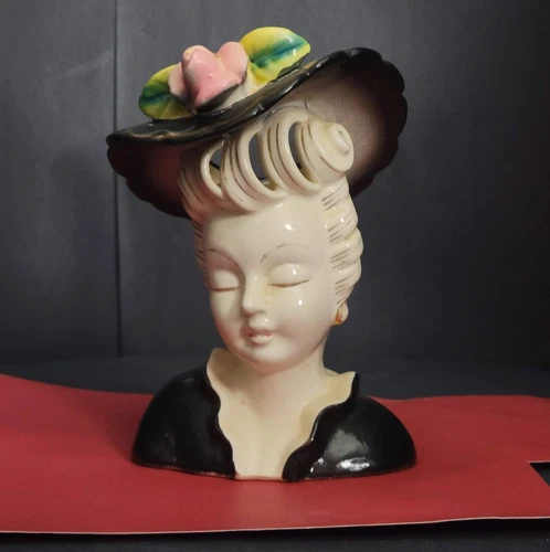 Vintage Lady Head Vase Mid-Century Ceramic Glamour Girl with Black Hat & Flower