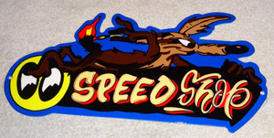 VINTAGE WILE E. COYOTE ON MOON EYES SPEED SHOP ROCKET 🚀 METAL GASOLINE OIL SIGN