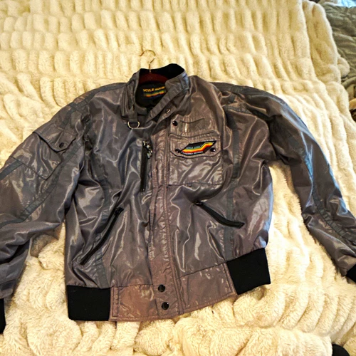 Vintage 80s Style Auto California Gray Nylon Bomber Jacket XL Rainbow Patch Wind - product listing photo