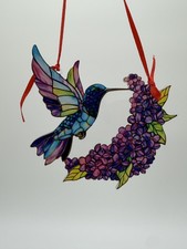 Hummingbird Lilac Floral Stained Glass Look Suncatcher Ornament 4x4 Colorful