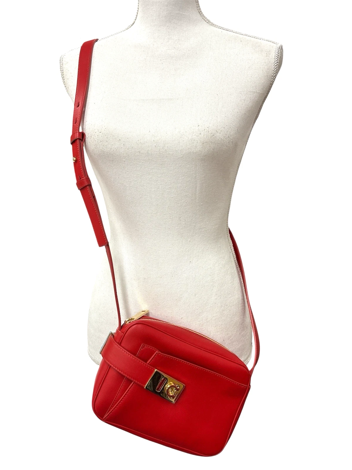 Ferragamo — Ferragamo Archive Gancini Camera Crossbody Bag Women's Flame Red Zip Closure