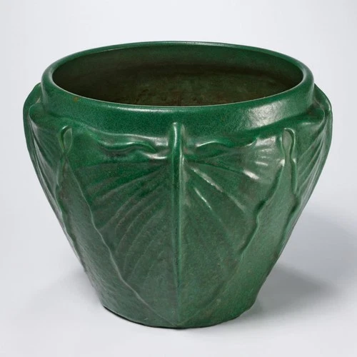Weller Bedford Matte Green Jardiniere Planter Embossed Broad Leaves 8.25"h