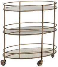 Waterford 31 1/2" Wide Gold and Mirrored Oval 3-Shelf Rolling Bar Cart