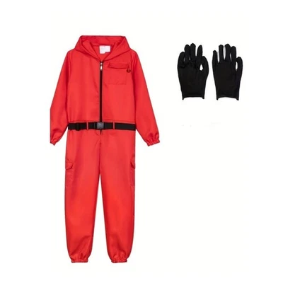 Kid Adult Squid Red Jumpsuit Villain Uniform Mask Halloween Cosplay Costume Game