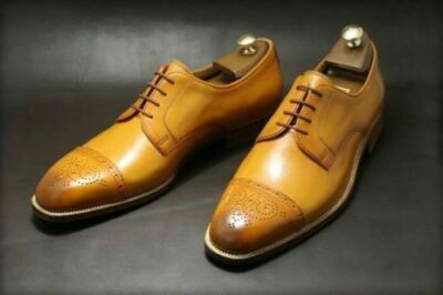 Men Handmade Shoes Tan Cowhide Leather Derby Toe Cap Lace Up Formal Casual Boots